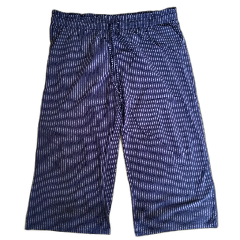 Linen Cotton Navy Blue Striped Wide Leg Spring Pants 4XL Plus Size Elastic Waist